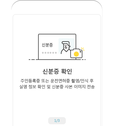 신분증 촬영 예시 화면 - 신분증 확인 주민등록증 또는 운전면허증 촬영/인식 후 실명 정보 확인 및 신분증 사본 이미지 전송